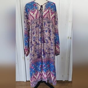 R.Vivimos Women's Long Sleeves Floral Print Retro V Neck Tassel Casual Bohemian